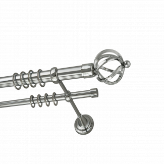 Металлический карниз для штор Санремо, двухрядный 28/16 мм, серебро, универсальная штанга, длина 140 см