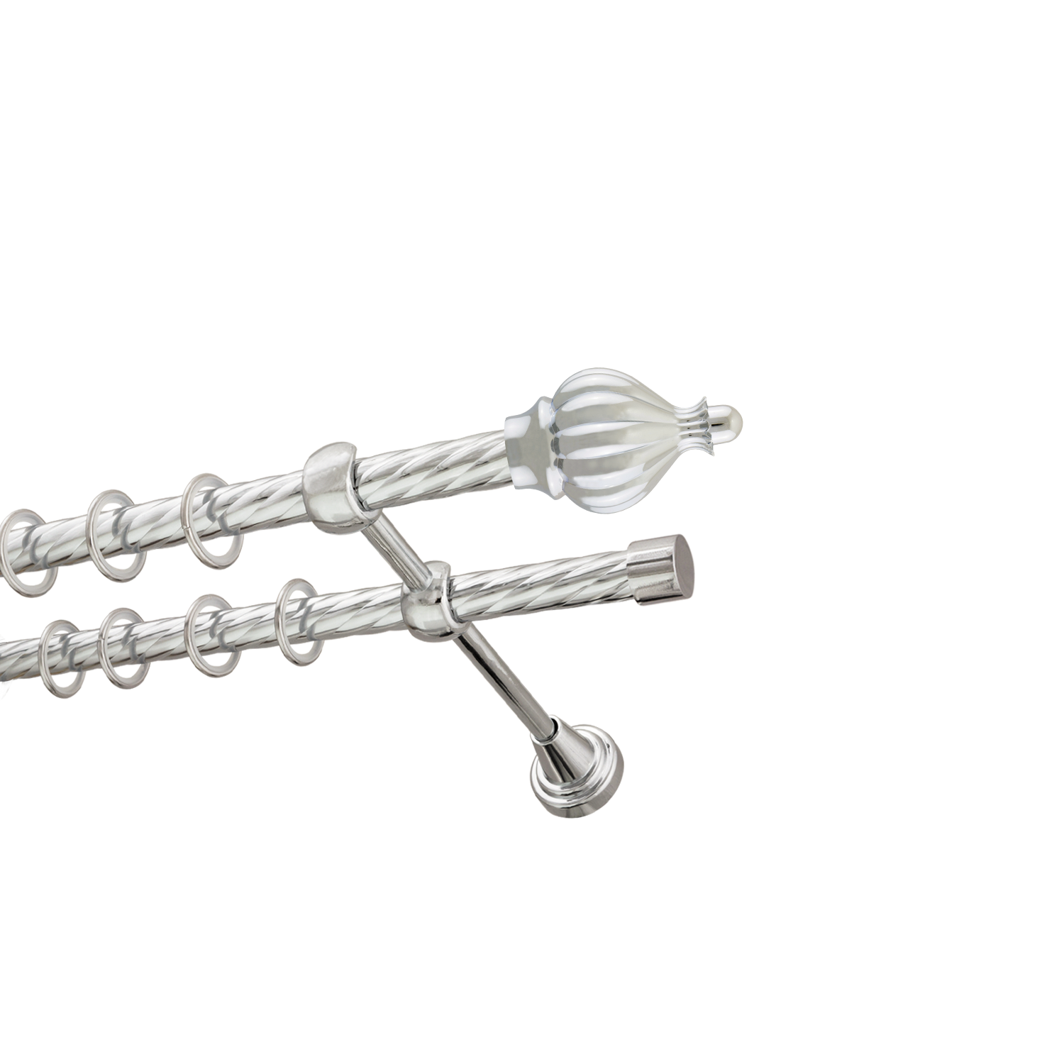 Металлический карниз для штор Афродита, двухрядный 16/16 мм, серебро, витая штанга, длина 300 см - фото Wikidecor.ru