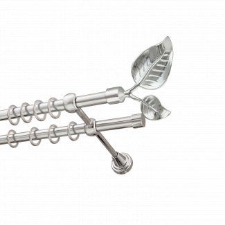 Металлический карниз для штор Тропик, двухрядный 16/16 мм, серебро, гладкая штанга, длина 160 см