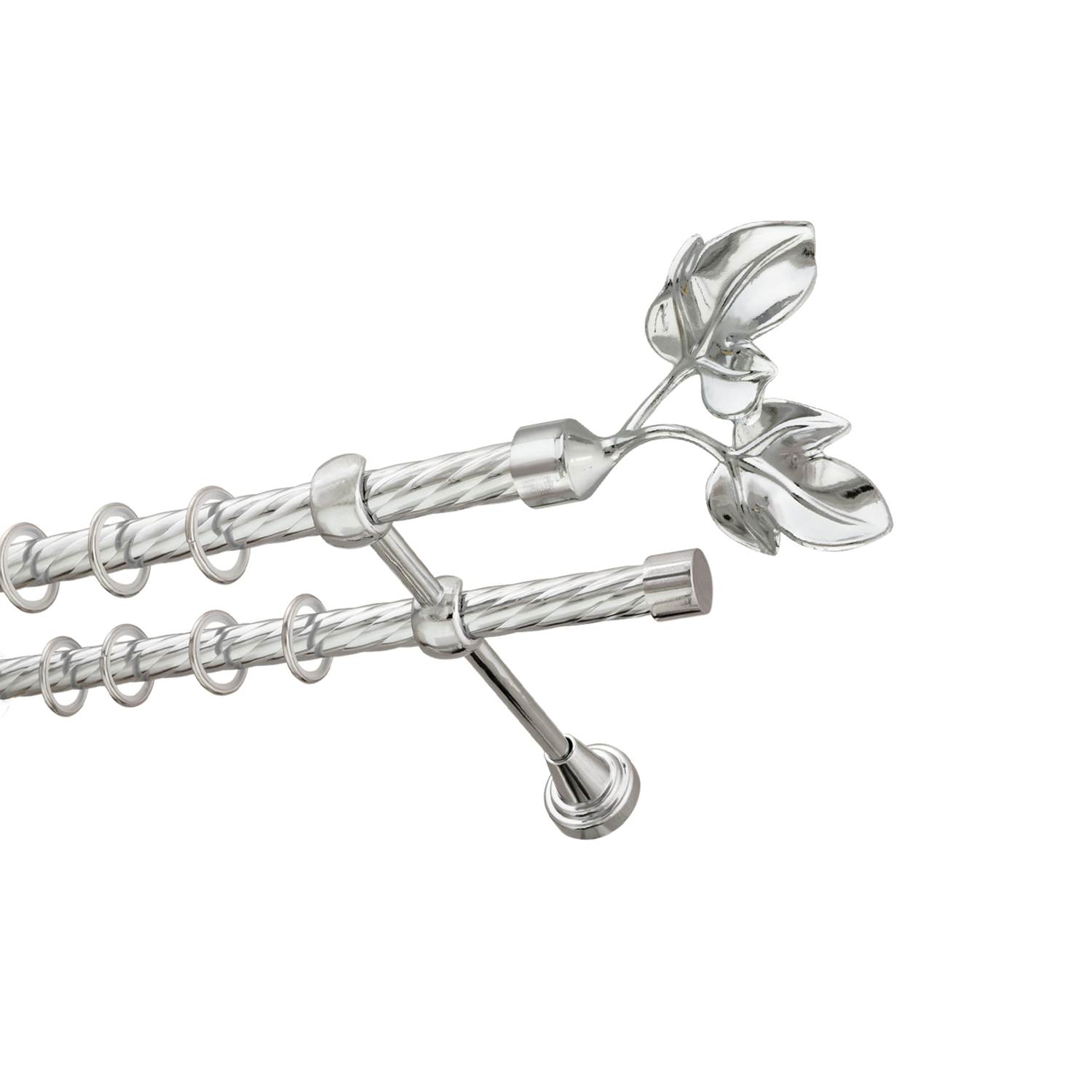 Металлический карниз для штор Листья, двухрядный 16/16 мм, серебро, витая штанга, длина 300 см - фото Wikidecor.ru