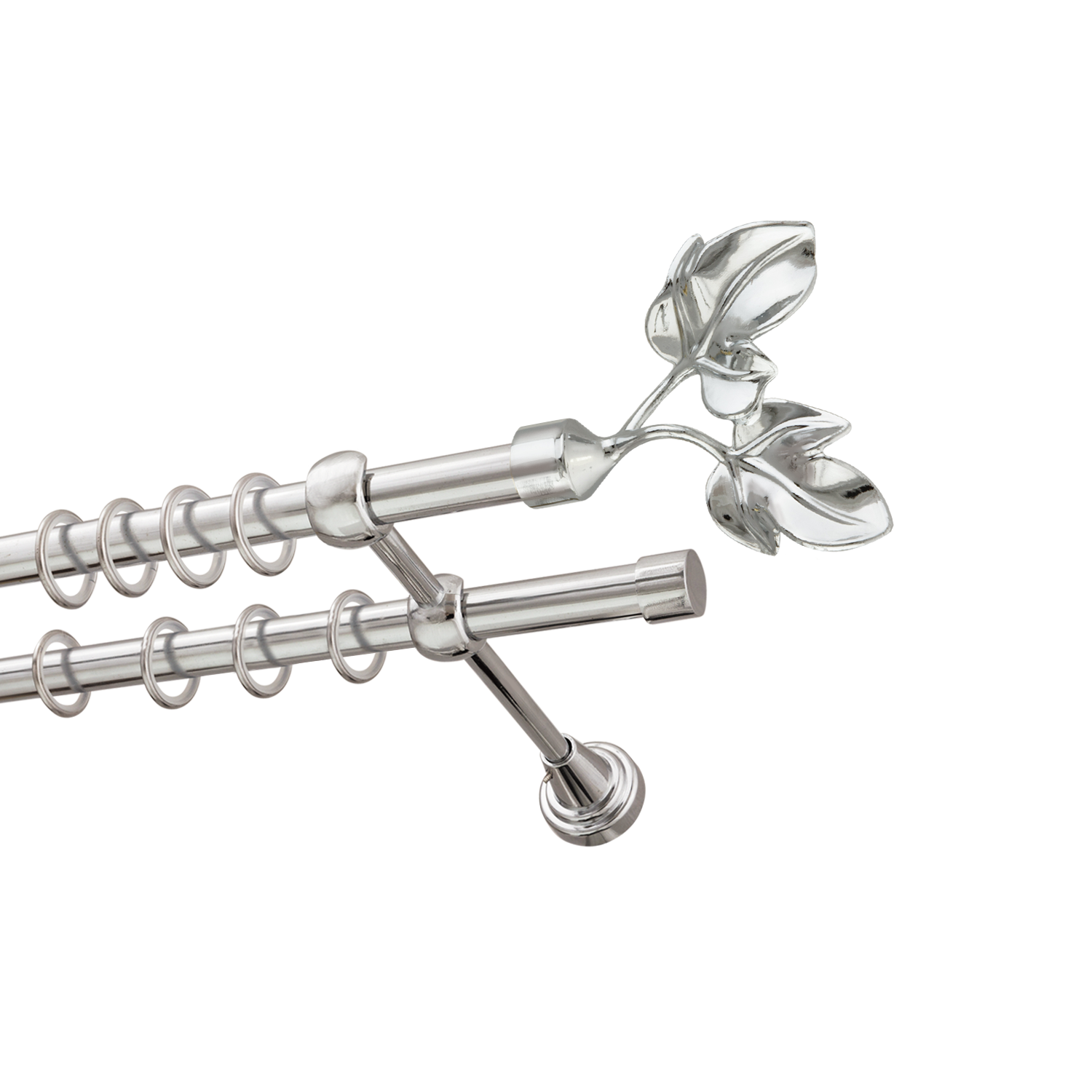 Металлический карниз для штор Листья, двухрядный 16/16 мм, серебро, гладкая штанга, длина 140 см - фото Wikidecor.ru