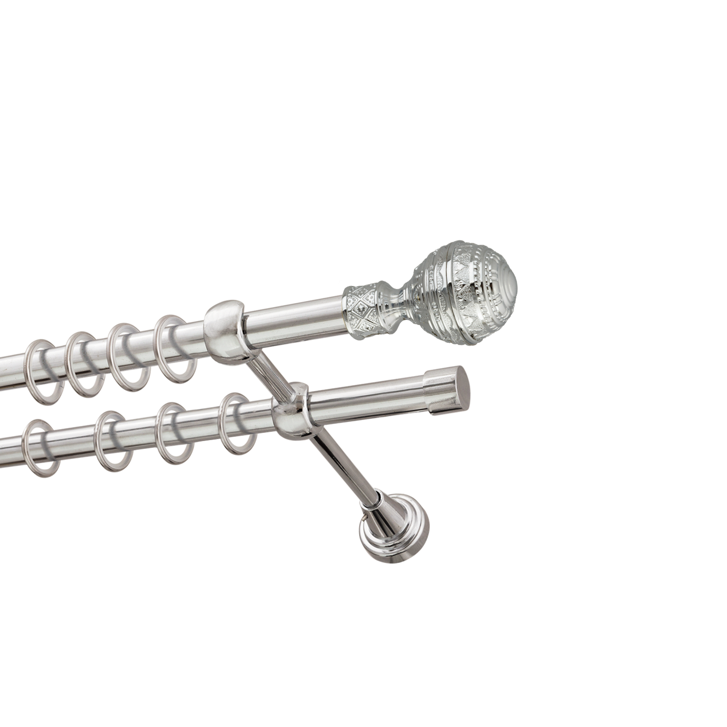 Металлический карниз для штор Роял, двухрядный 16/16 мм, серебро, гладкая штанга, длина 160 см