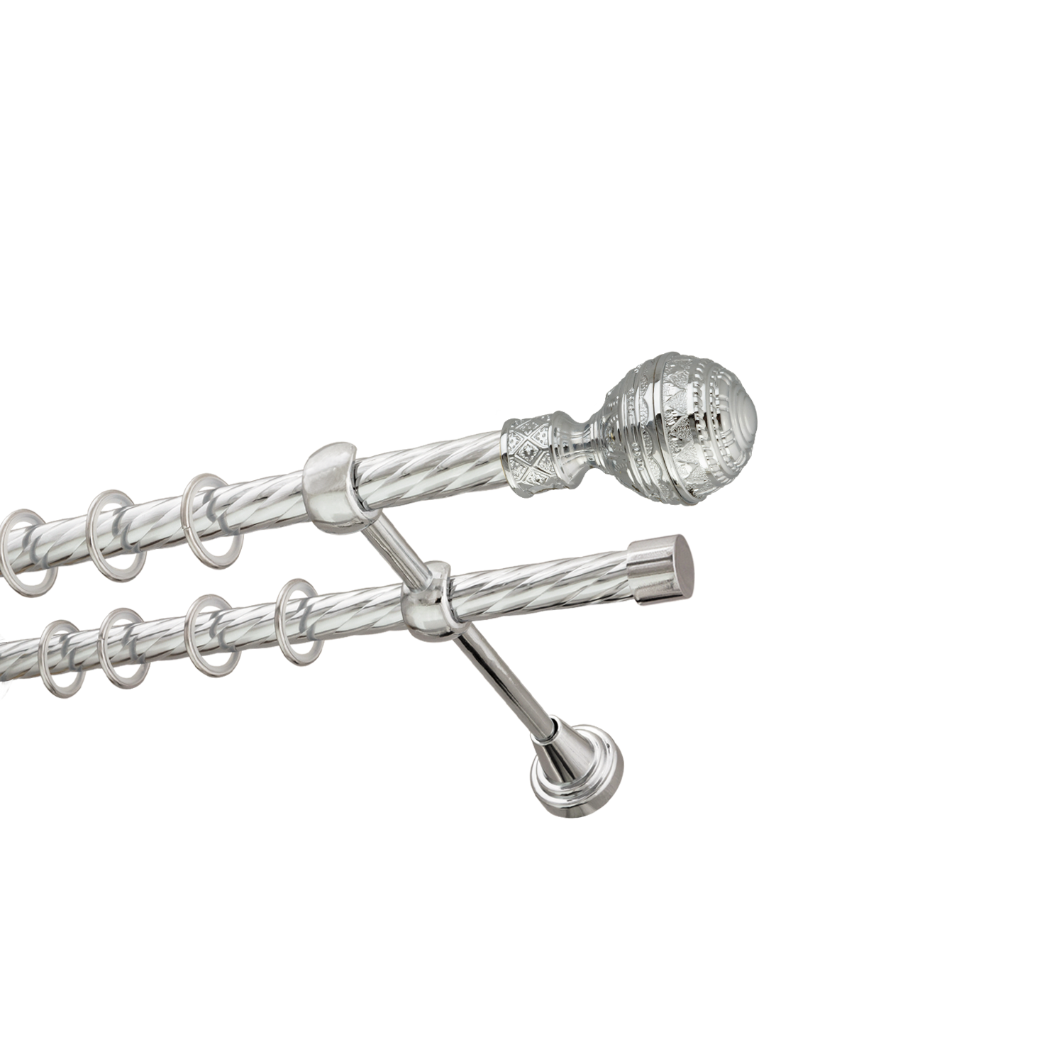 Металлический карниз для штор Роял, двухрядный 16/16 мм, серебро, витая штанга, длина 200 см - фото Wikidecor.ru
