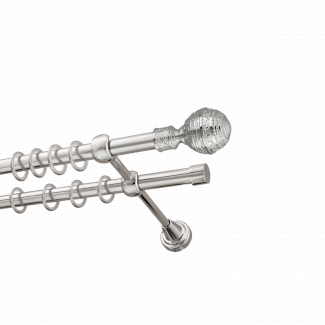 Металлический карниз для штор Роял, двухрядный 16/16 мм, серебро, гладкая штанга, длина 140 см