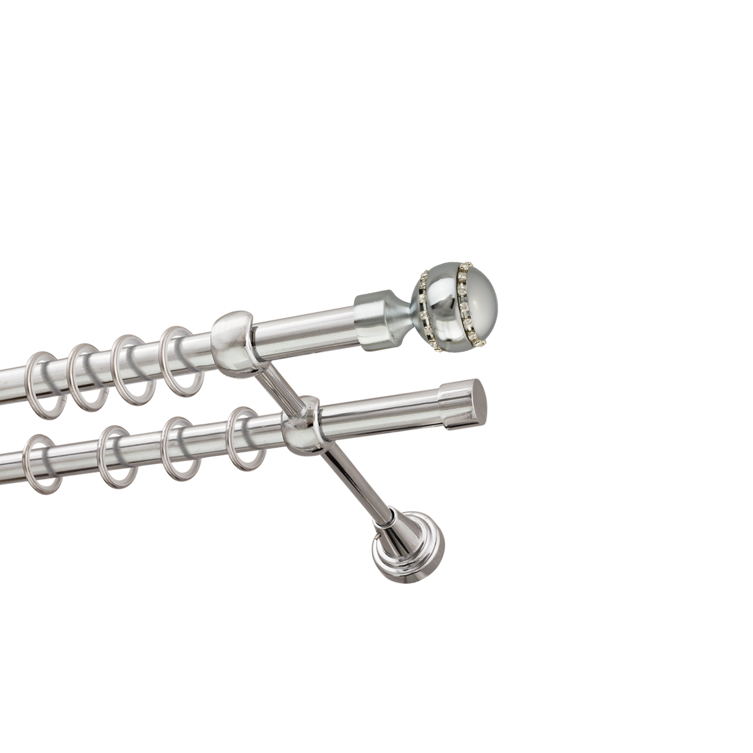 Металлический карниз для штор Модерн, двухрядный 16/16 мм, серебро, гладкая штанга, длина 200 см - фото Wikidecor.ru