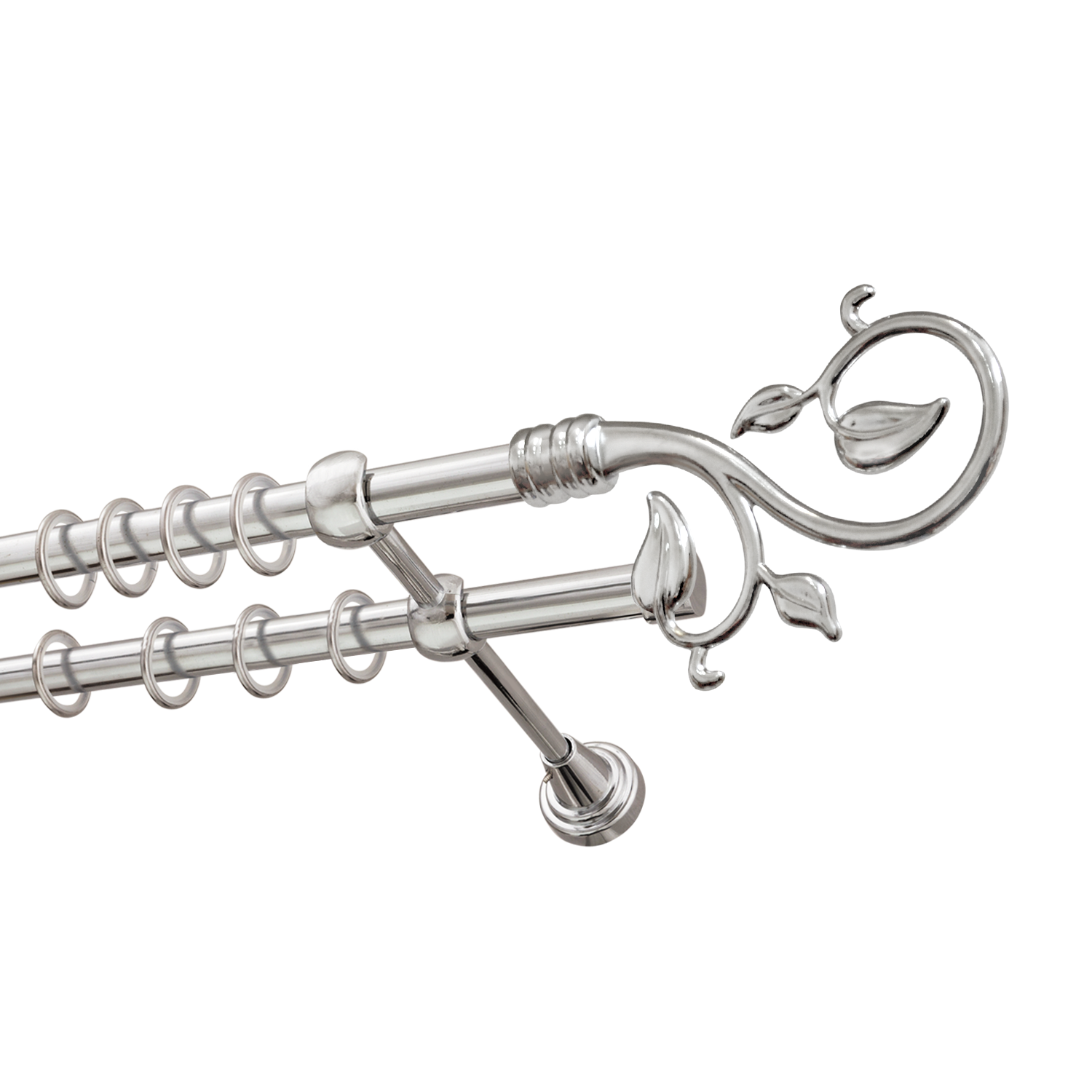 Металлический карниз для штор Амели, двухрядный 16/16 мм, серебро, гладкая штанга, длина 240 см
